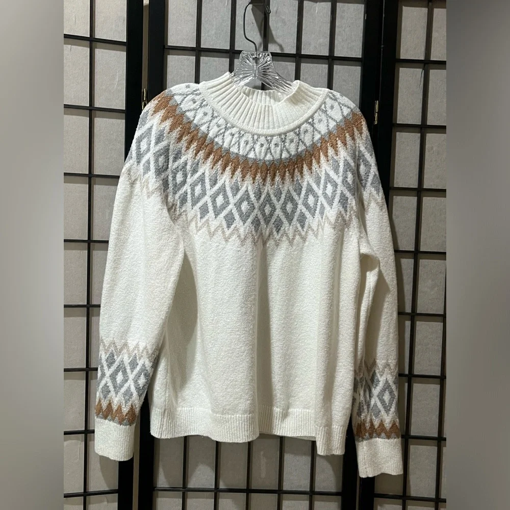 NORT POLE Cream Nordic Yoke Sweater with Gray & Tan Diamond Pattern WOMEN SZ XL